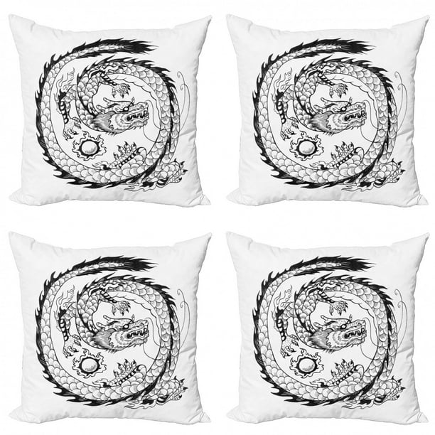 Japanese Swirled Dragon Pattern Folk Heritage Illustration Decorative 3 Piece Bedding Set with 2 Pillow Shams Ambesonne Dragon Duvet Cover Set Queen Size Black and White